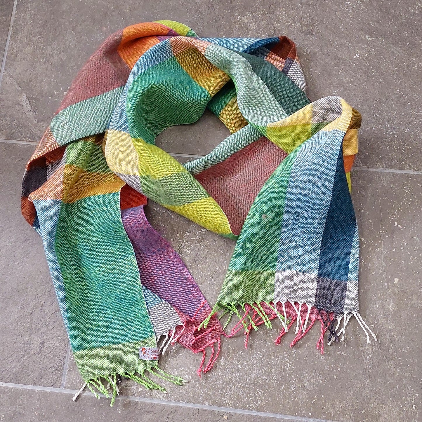Leinenmerinoschal Grün-Weiß-Pink mit Blau, Orange und Gelb