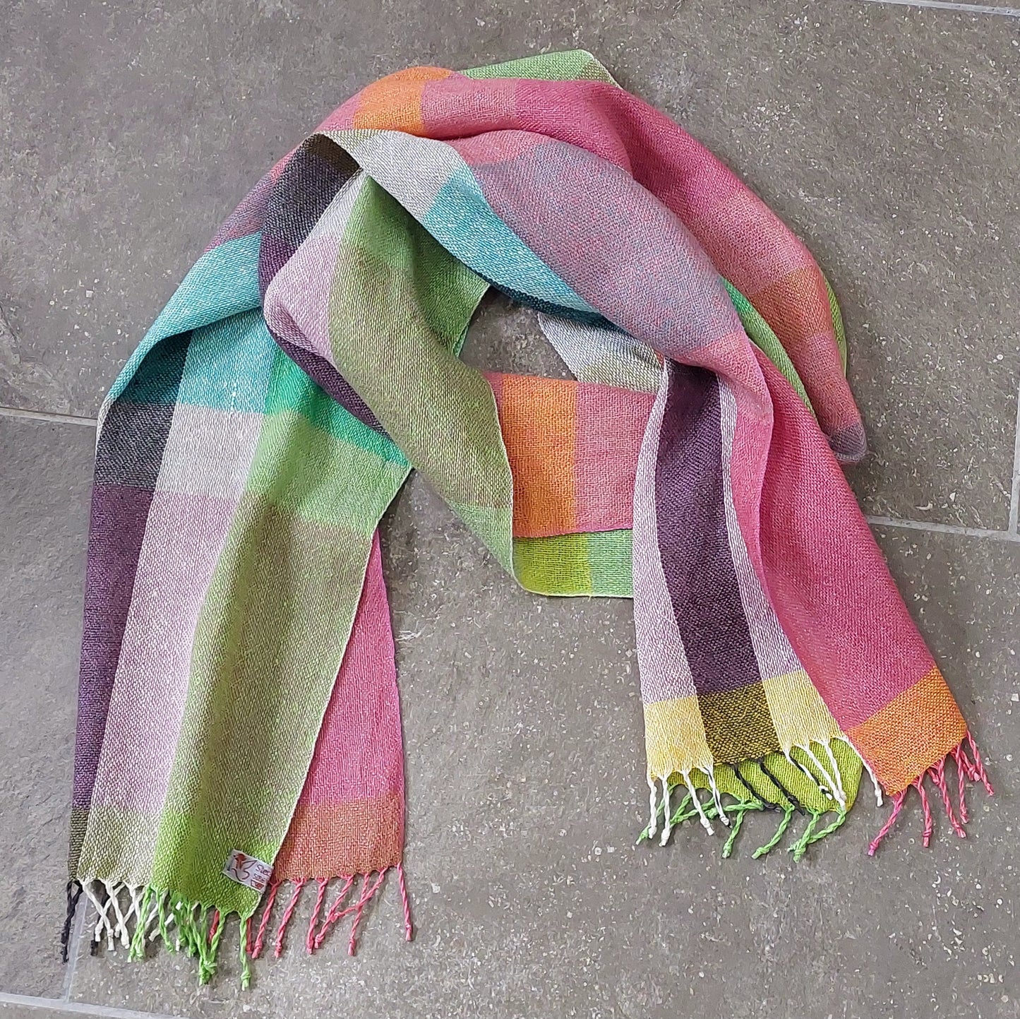 Leinenmerinoschal Grün-Weiß-Pink mit Lila, Gelb und Türkis