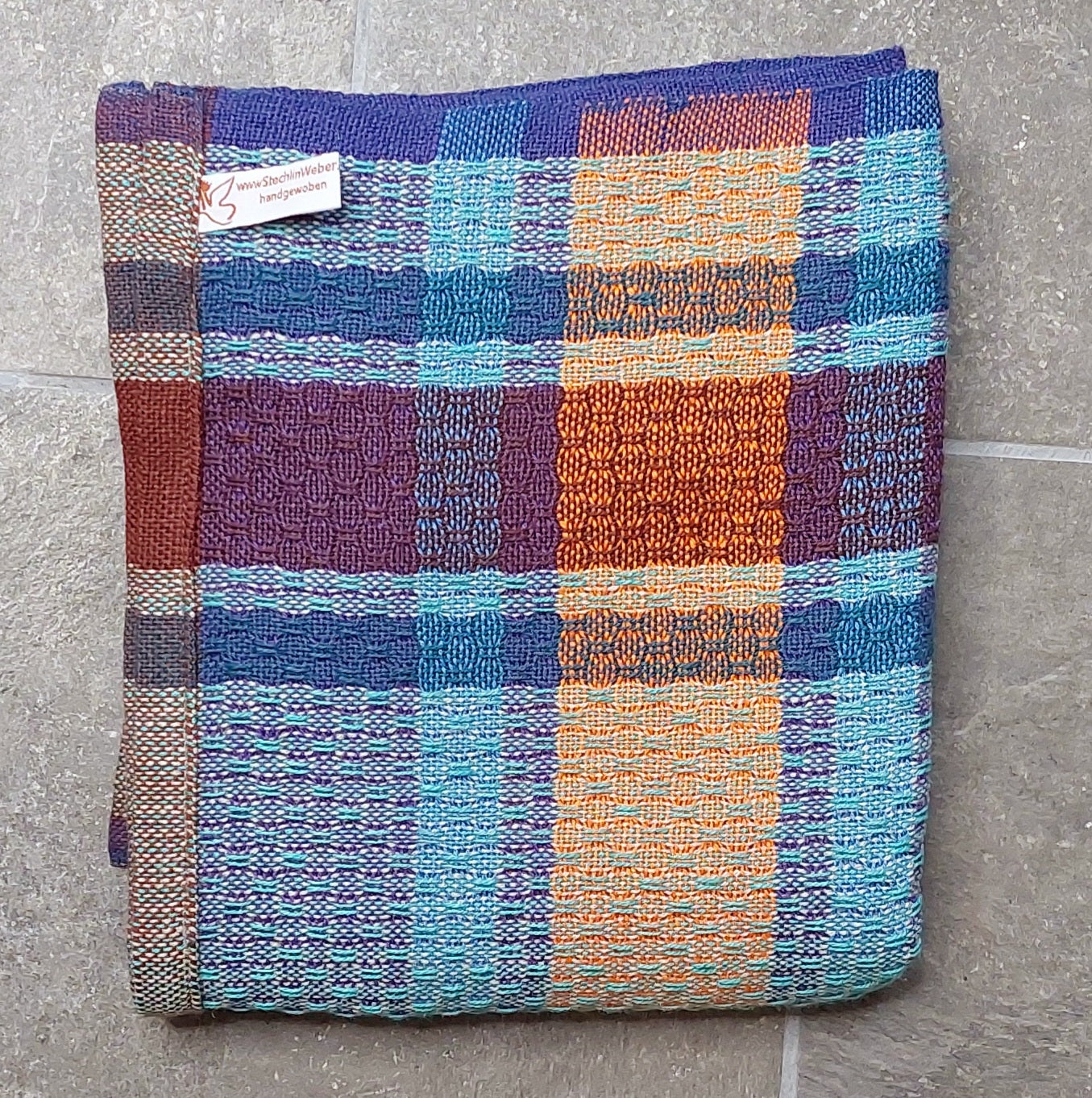 Bade- und Saunatuch Halbleinen Blau- und Lilatöne mit Orange