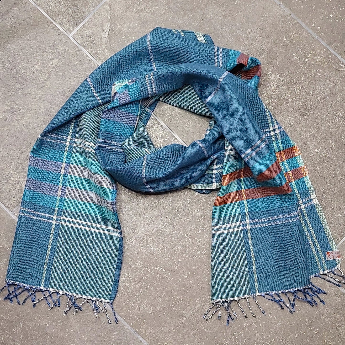 Leinenmerinoschal Petrol mit Hellgrau, Türkis und Orange