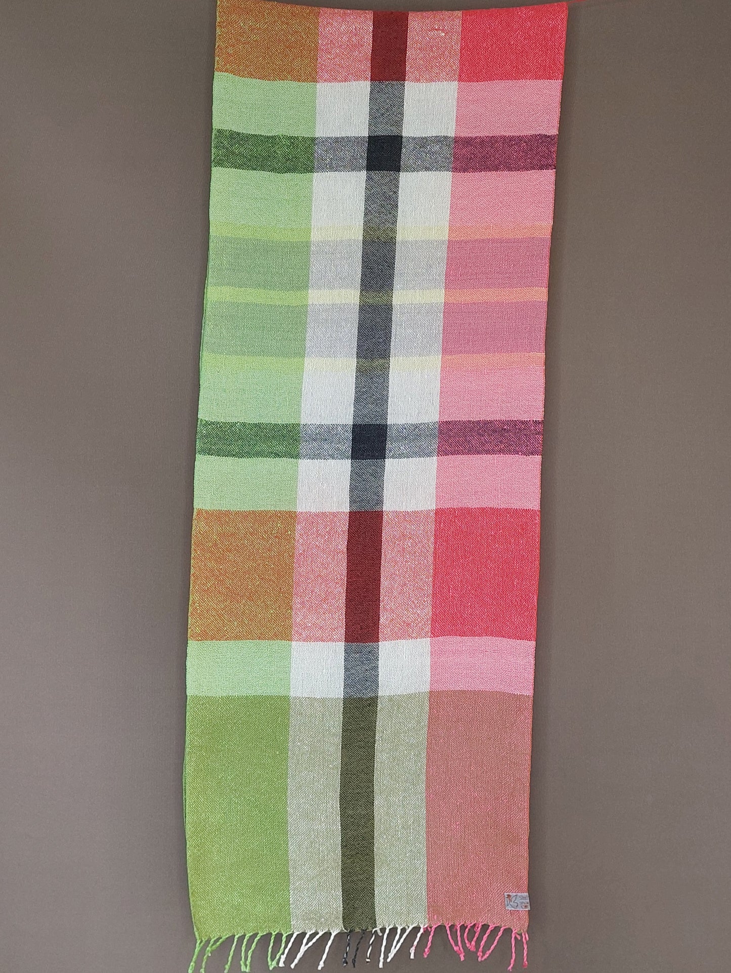 Leinenmerinoschal Grün-Weiß-Pink