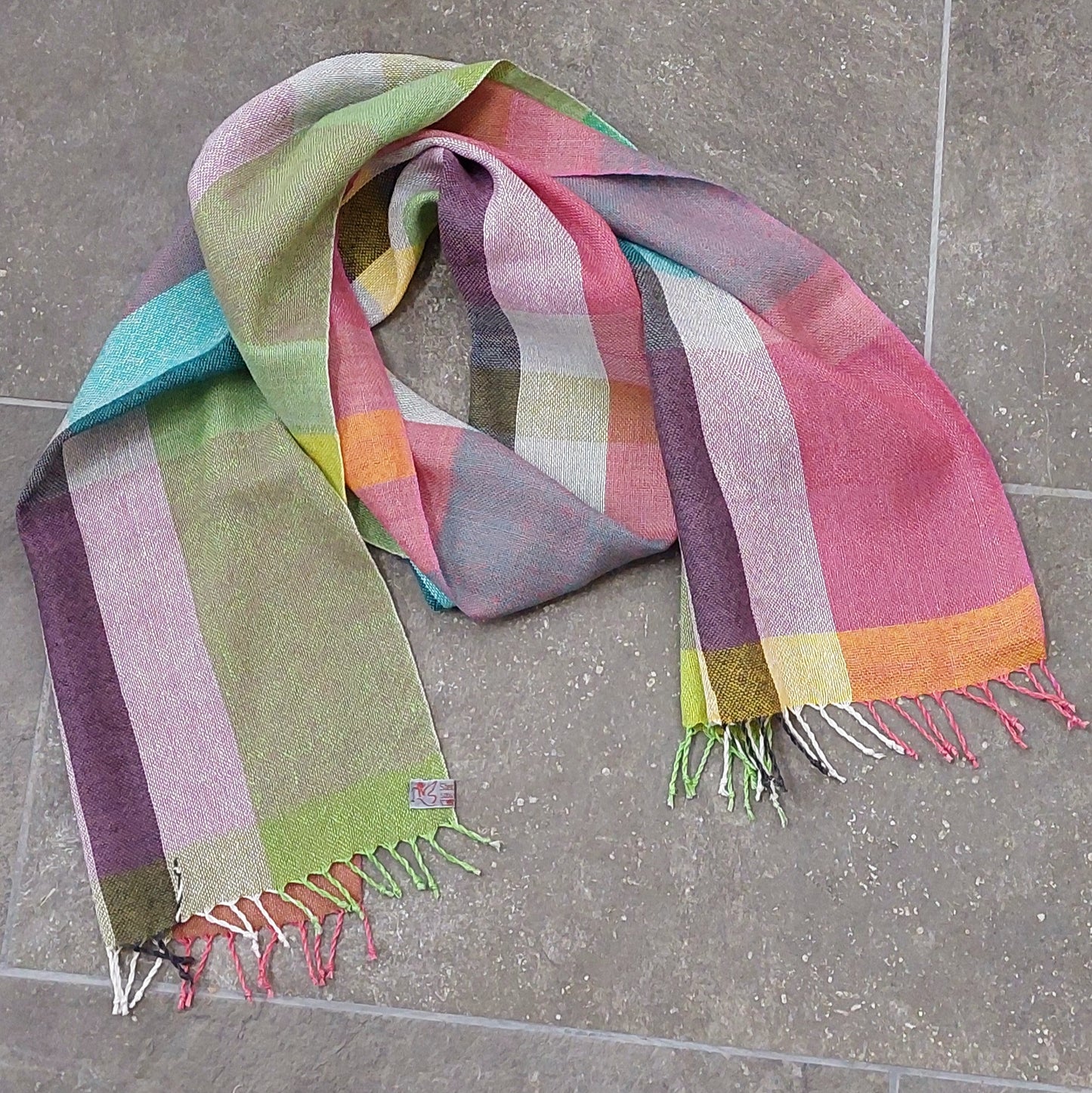 Leinenmerinoschal Grün-Weiß-Pink mit Lila und Grau, Gelb und Türkis