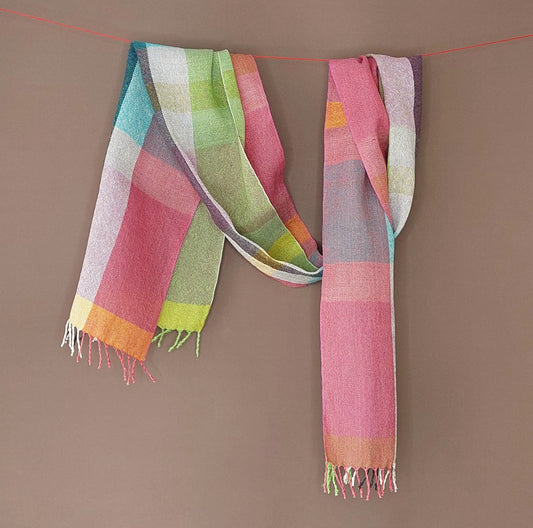 Leinenmerinoschal Grün-Weiß-Pink mit Lila, Gelb und Türkis