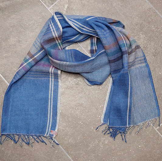 Leinenmerinoschal Blau Hellgrau