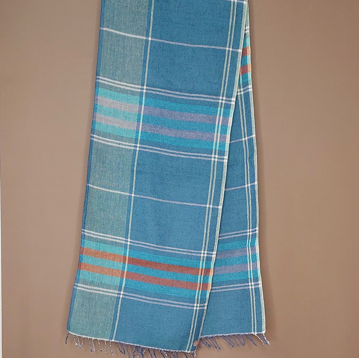 Leinenmerinoschal Petrol mit Hellgrau, Türkis und Orange