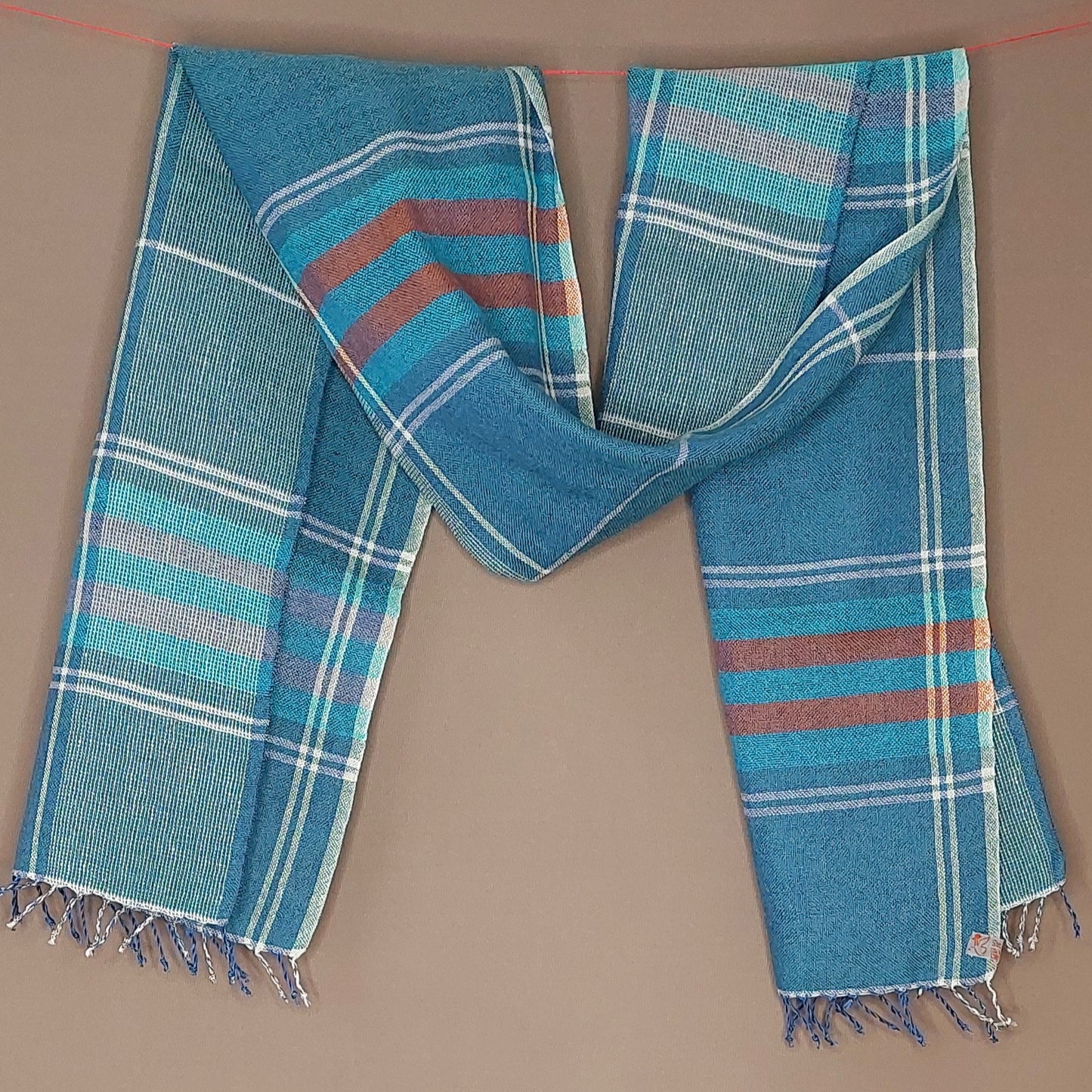 Leinenmerinoschal Petrol mit Hellgrau, Türkis und Orange