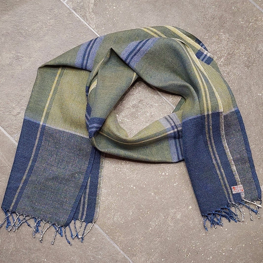 Leinenmerinoschal Denim mit Olivgrün